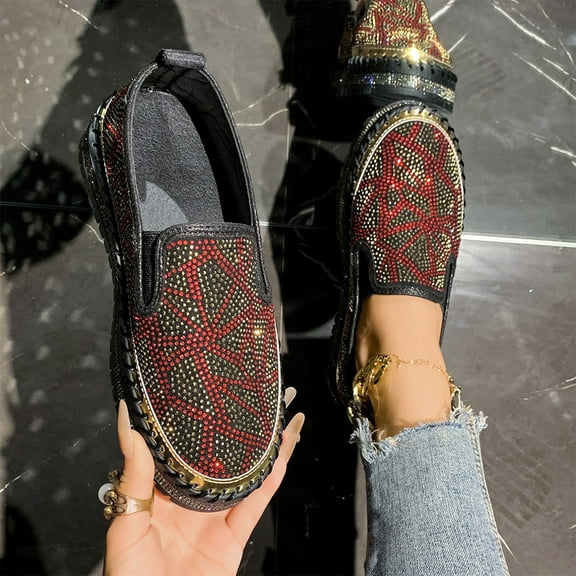Wowcloth Women's Fashion Casual Slip-On Sneakers – Rhinestone Studded Platform Loafers with Thick Sole for Everyday Comfort & Trendy Footwear