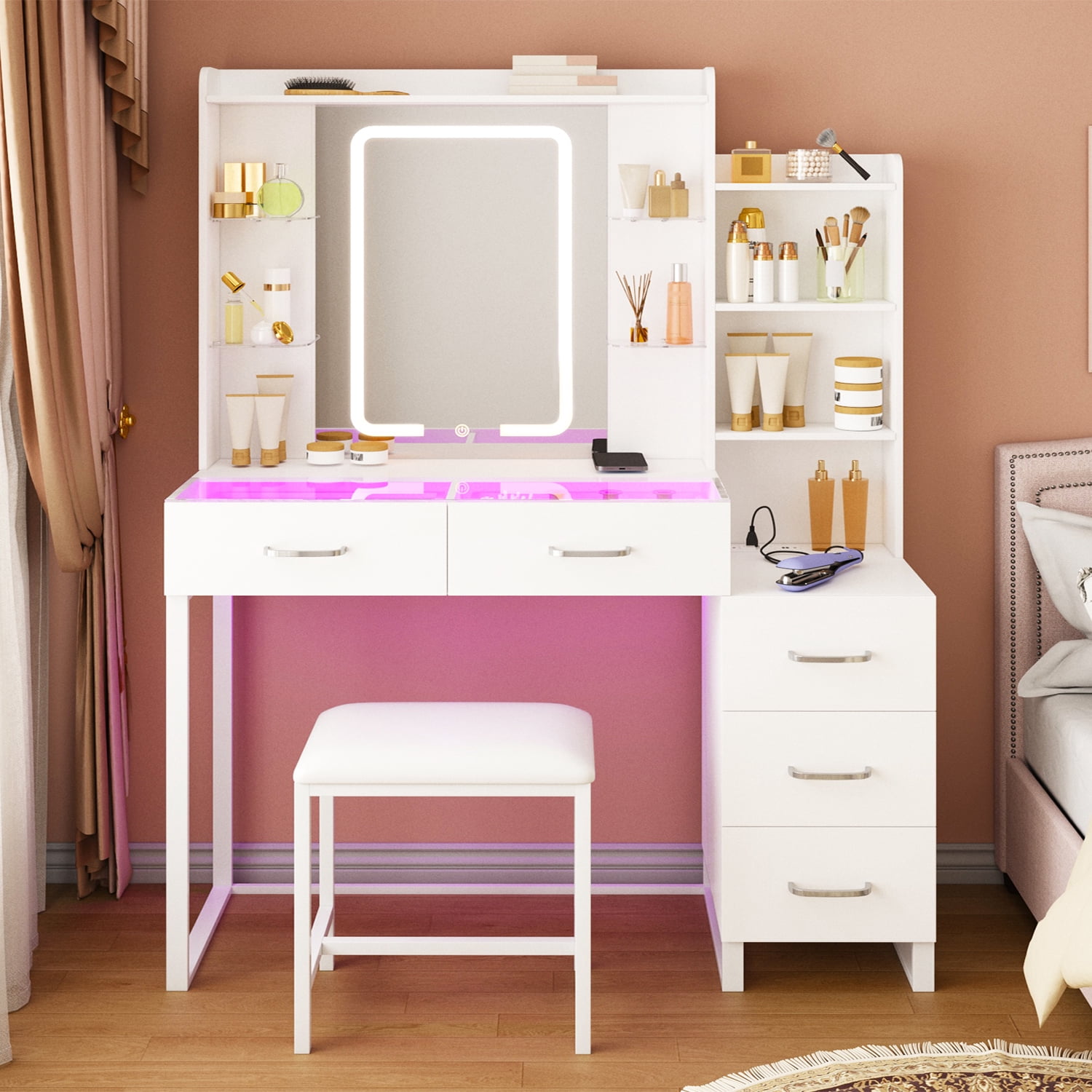 Tomnk 43" Vanity Desk with Stool, LED Mirror, Glass Top and RGB Drawers, White