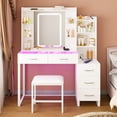 thumbnail image 6 of Tomnk 43" Vanity Desk with Stool, LED Mirror, Glass Top and RGB Drawers, White, 6 of 8