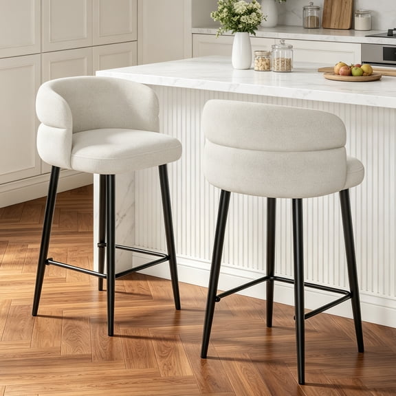 Smudyizi Bar Stools Set of 2, 28.5" Counter Height Upholstered Bar Stools with Curved Back, Fabric Mid-Century Modern Barstools for Kitchen Island, Home Bar, Beige