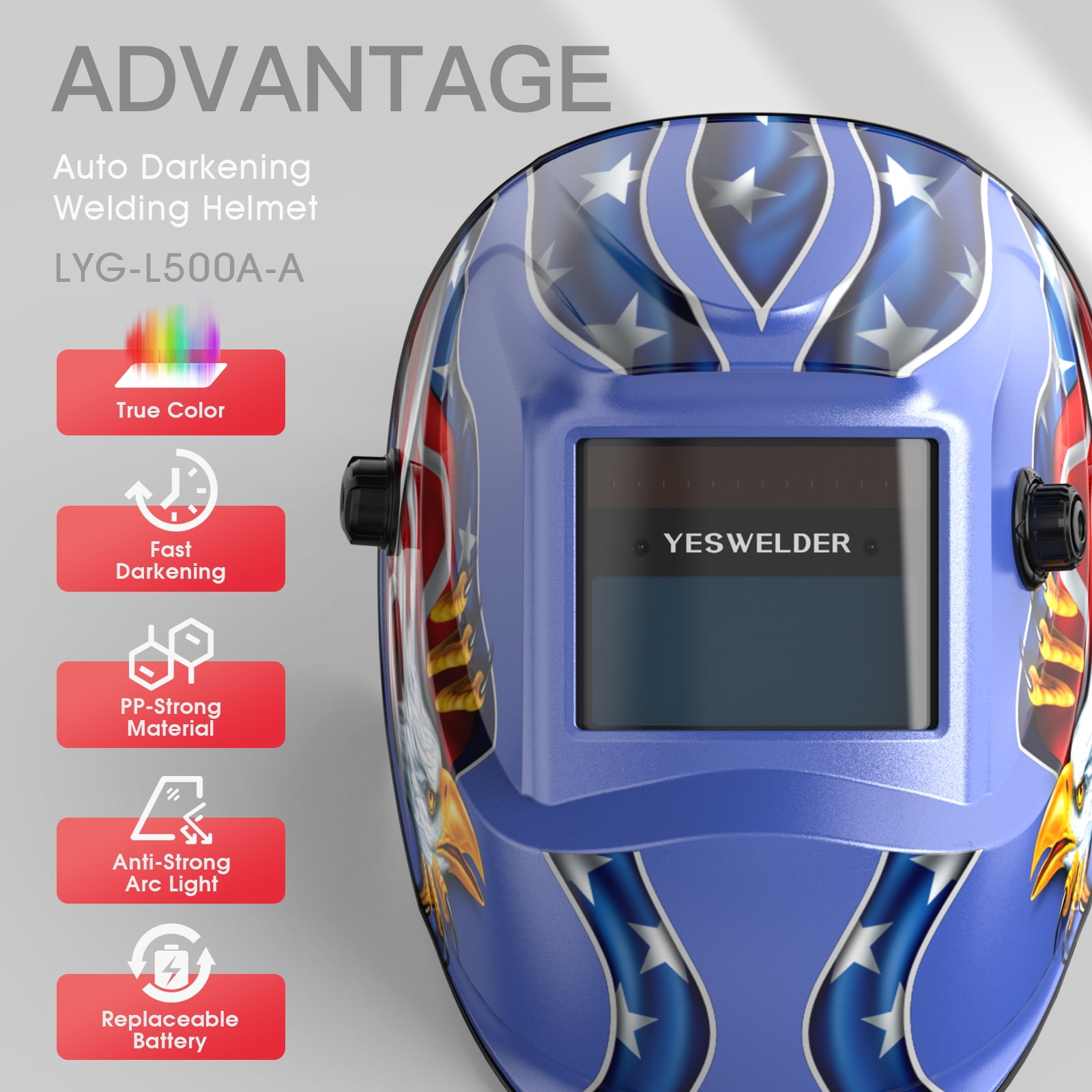 YesWelder True Color Auto-Darkening Welding Helmet, Battery-Powered