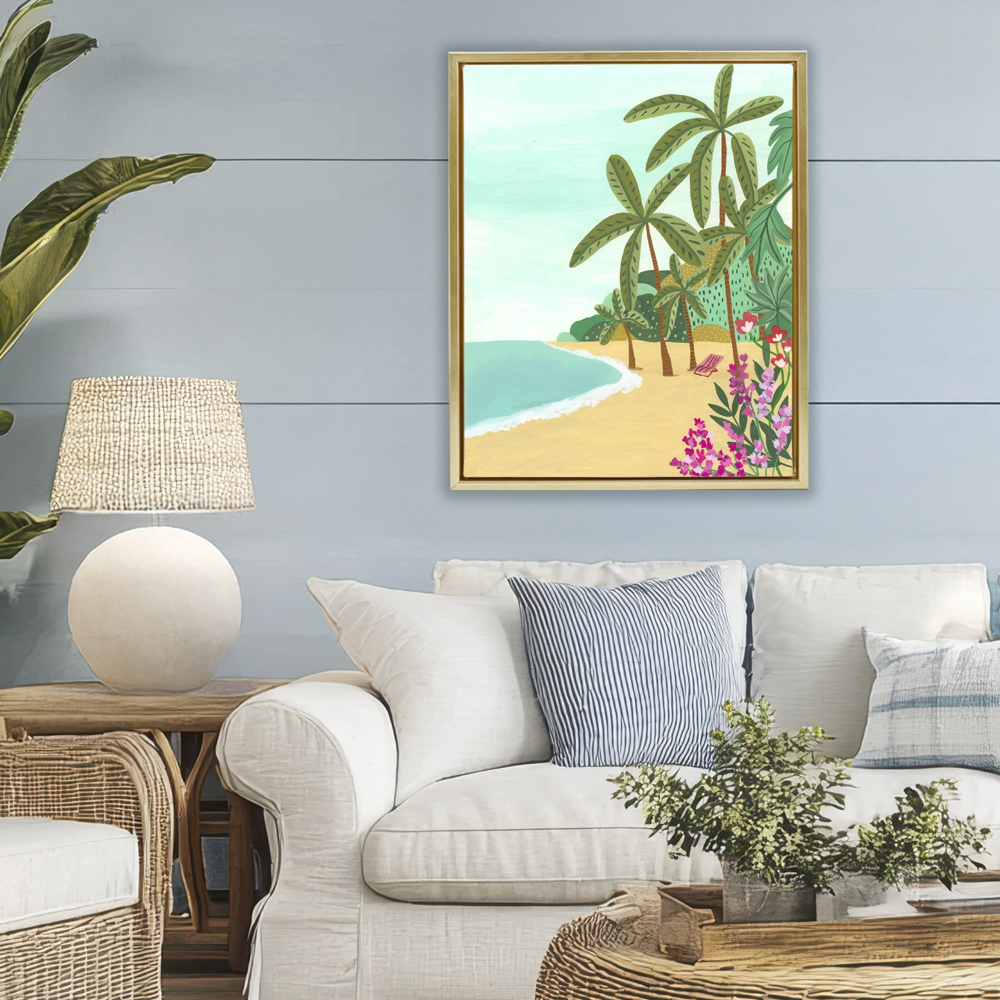 Palm Filled Shoreline Gold Framed Floater Canvas Wall Art, design by Nabeela Rumi