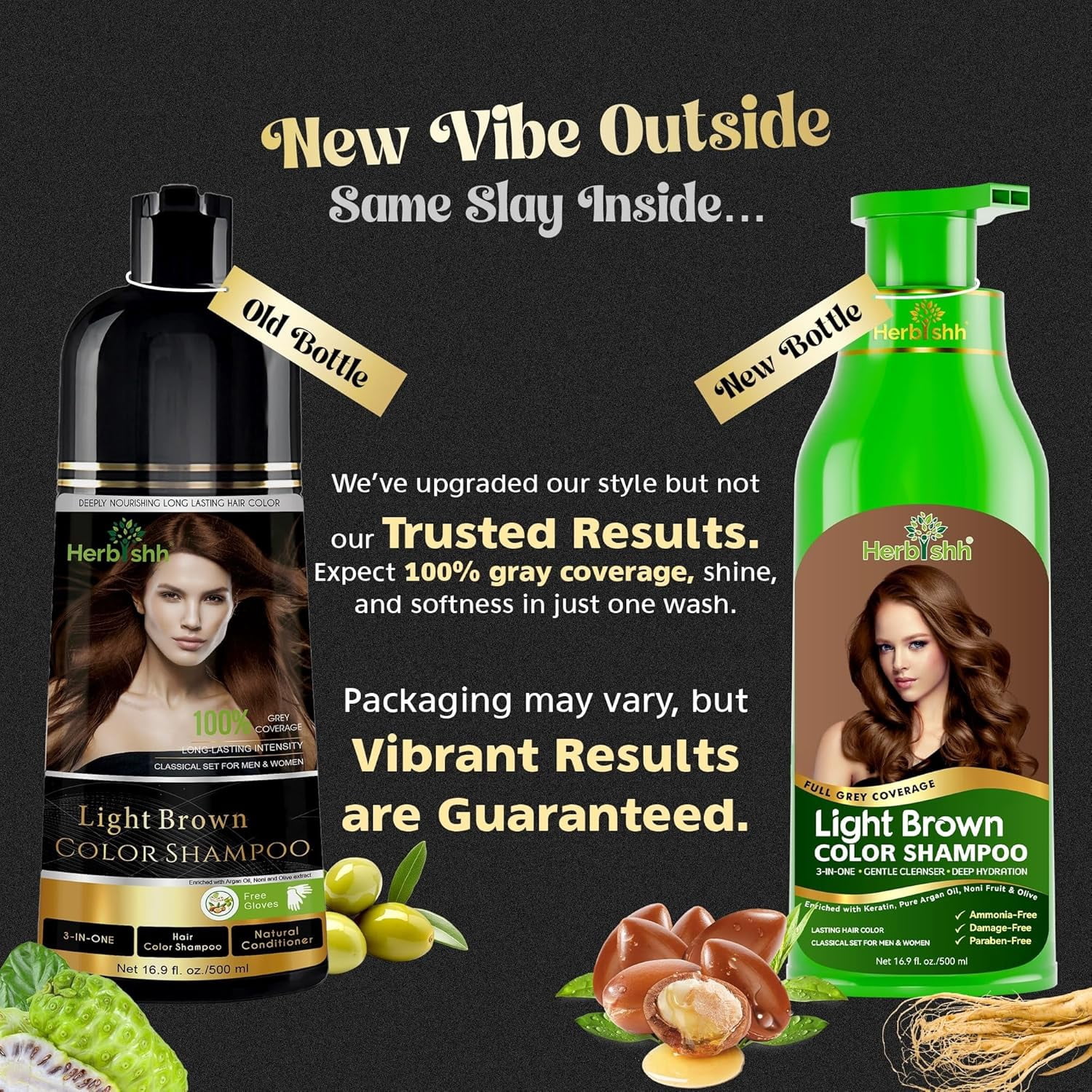 Herbishh Light Brown Hair Color Shampoo for Gray Hair, Permanent Color for Men & Women, 3-in-1 Color+Shampoo+Conditioner, 500ml – Buy 1 Get 1 Free