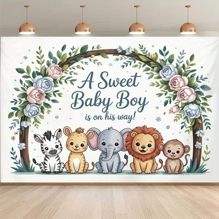Safari Baby Shower Backdrop A Sweet Baby Boy is On His Way Photography Background Jungle Animals Blue Pink Arch Baby Shower Party Decorations Banner Supplies Photo Booth Props