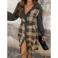 thumbnail image 5 of Fall Dress for Women Trendy Patchwork Corduroy Plaid Shirt Dress with Belt Long Sleeve Business Casual Midi Dresses (XL, Dark Gray), 5 of 7