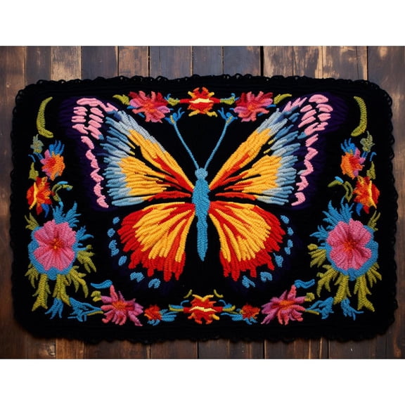 Cartoon Colorful Butterfly Latch Hook Rectangle Rug Kits for Adults Needle Crochet Yarn Embroidery Carpet Hook and Latch Kit Floor Mat Tapestry Christmas Home Decoration 52x38cm(1)