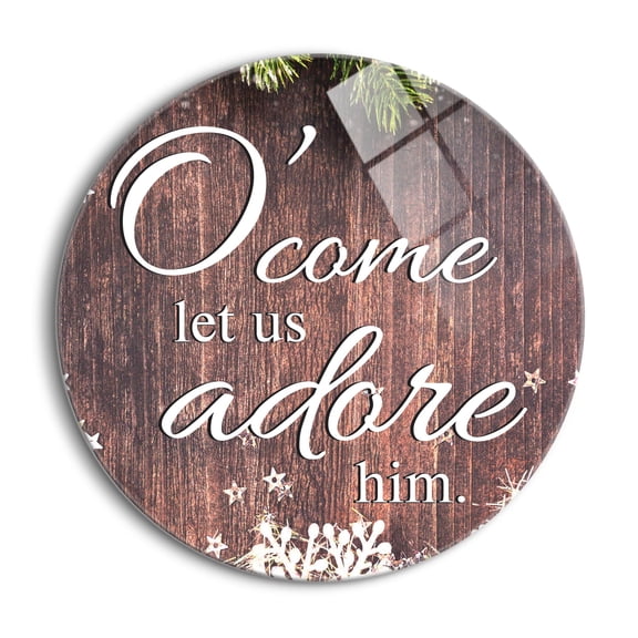 Let Us Adore Him Brown Woodgrain Stars 24 inch Glass Round Wall Hanging Sign