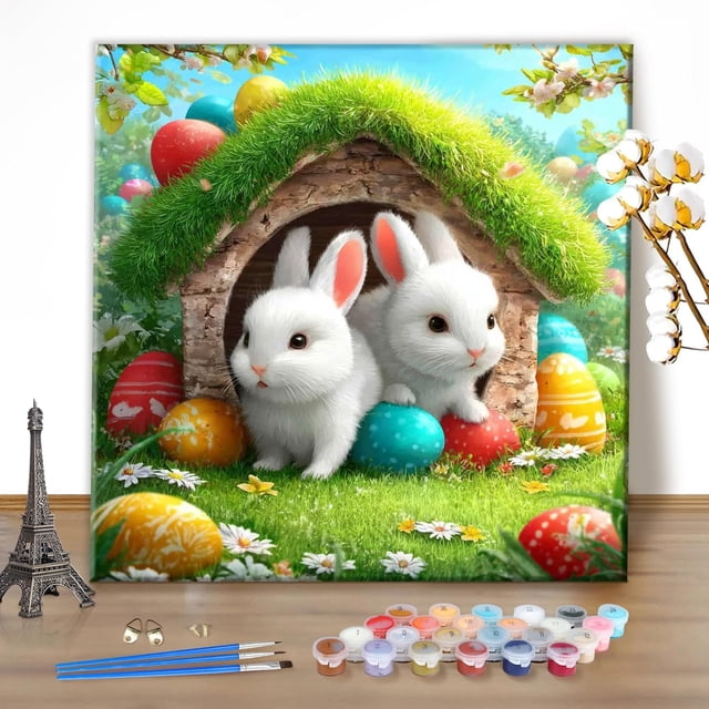 Easter Bunny Paint by Number Kit, Spring DIY Kit, Suitable for Beginners, Adult Painters, Home Decor Gifts, Frame Not Included.