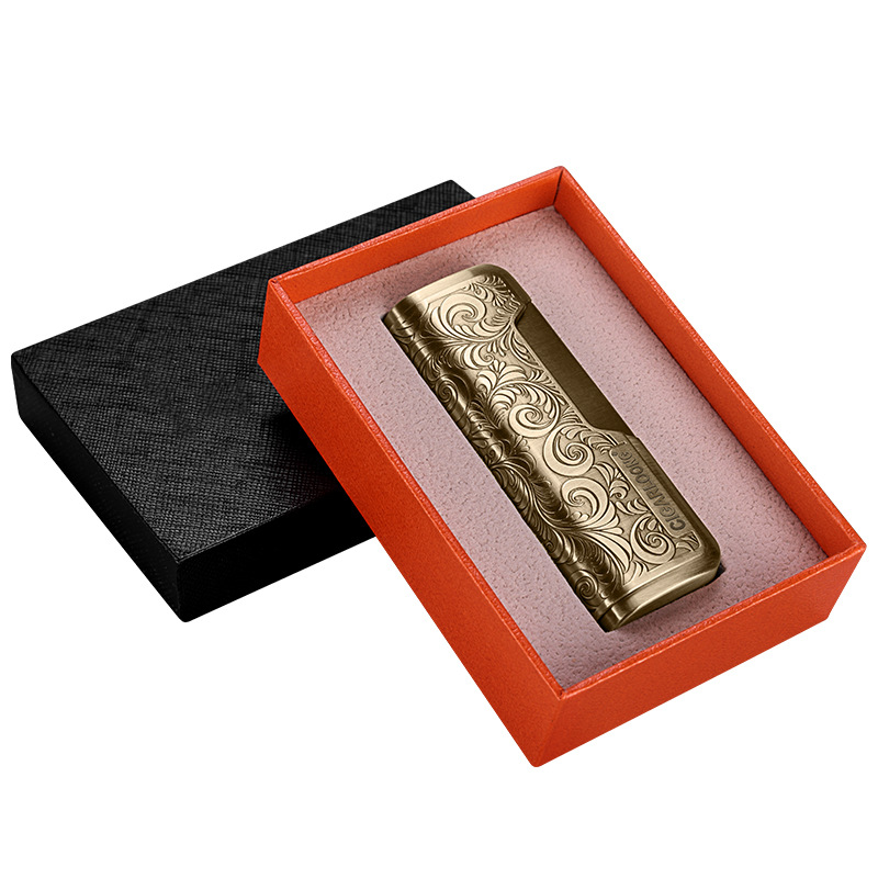 Cigar Lighter Windproof Straight Lighter Art Carved Inflatable Metal Lighter Gift Box Packaging