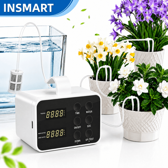 INSMART Automatic Watering System, Indoor Drip Irrigation Kit with Programmable Timer for Potted Plants, LED Display, Anti-Siphon Design, Supports 20 Plants for Home & Balcony
