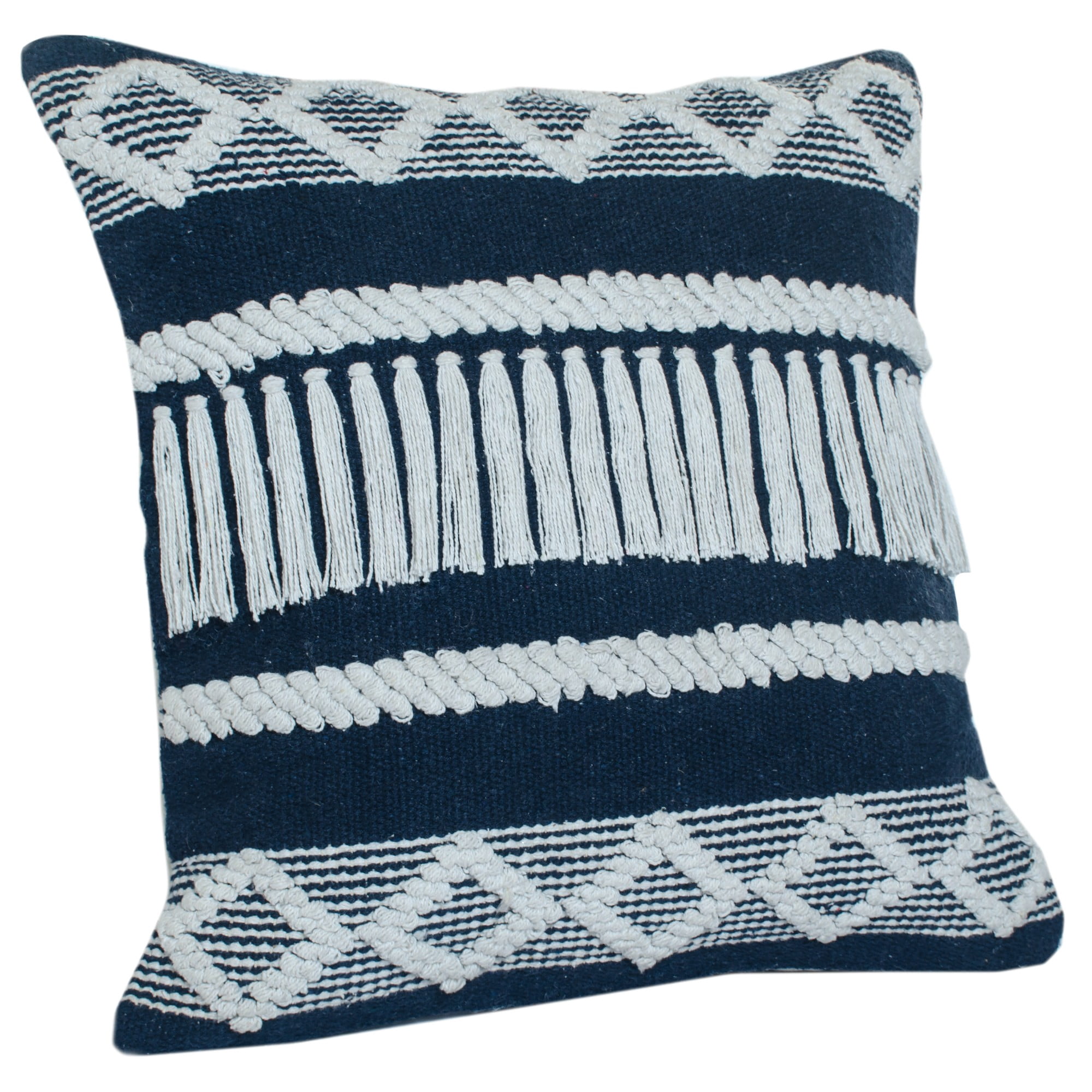 Laddha Home Designs Handwoven Diamond Striped Cotton Throw Pillow Cover - 20" - Blue and White