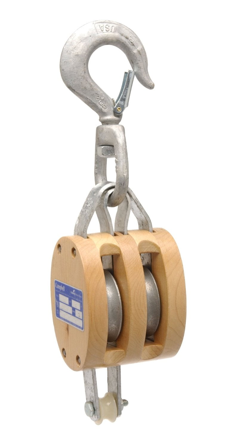 Manila Rope Regular Wood Shell Blocks, 2 Wheels, 1400lb, 1/2" Cable, Swivel Hook