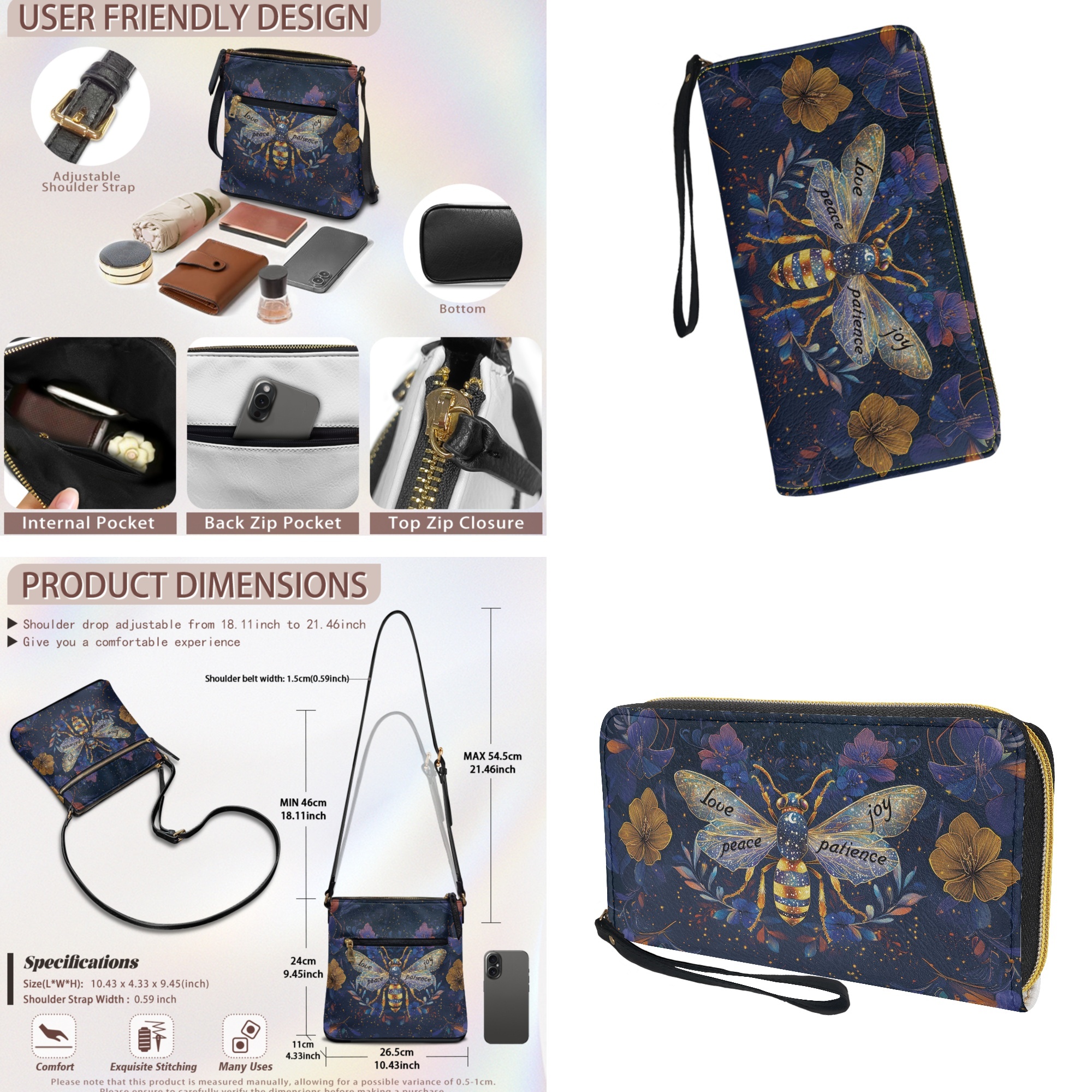 ZUXONGSY Bee Flower Galaxy Print Women's PU Leather Crossbody Bag & Wallet Set, Large Satchel Hobo Purse with Adjustable Strap for Work, Travel & Everyday