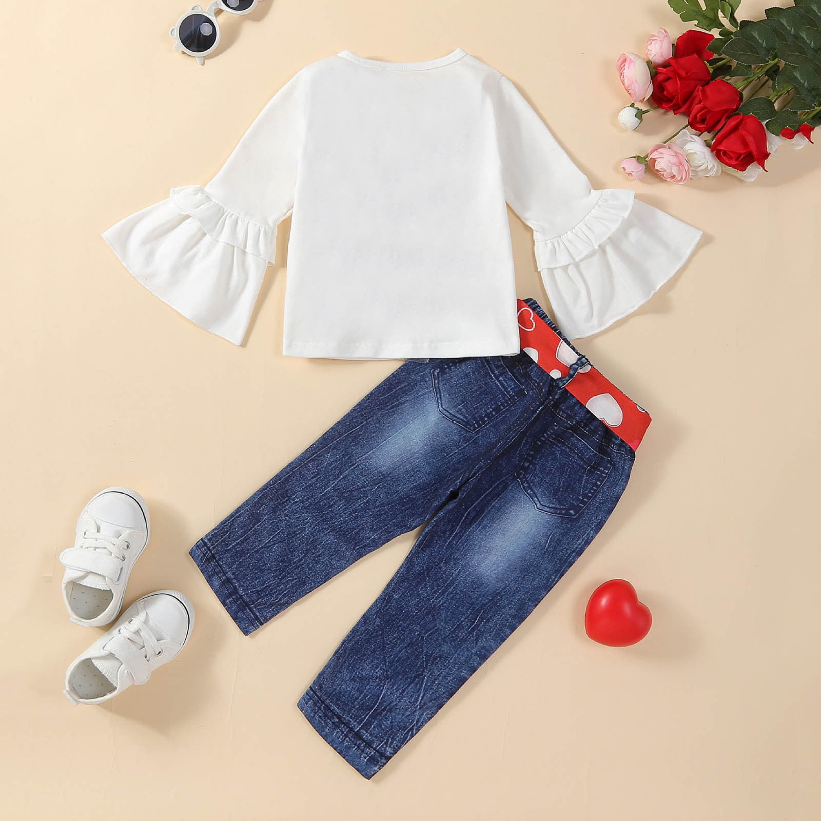 Gelikeya Baby Girl First Valentines Day Outfit Flare Sleeve Tops Pants Belt 3 Piece Cute Hearts Birthday Spring Fall Clothes, X01 White & 12-18 Months