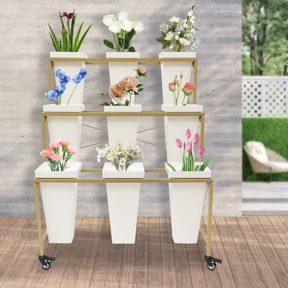 ToppiJoy 3 Layers Flower Display Stand with 9Pcs Trapezoid Buckets Wheels, Moving Florist Bouquet Shelf for Fresh Flower Shop, for Patio Garden, Outdoor Flower Pop-Up Events(Gold, White)