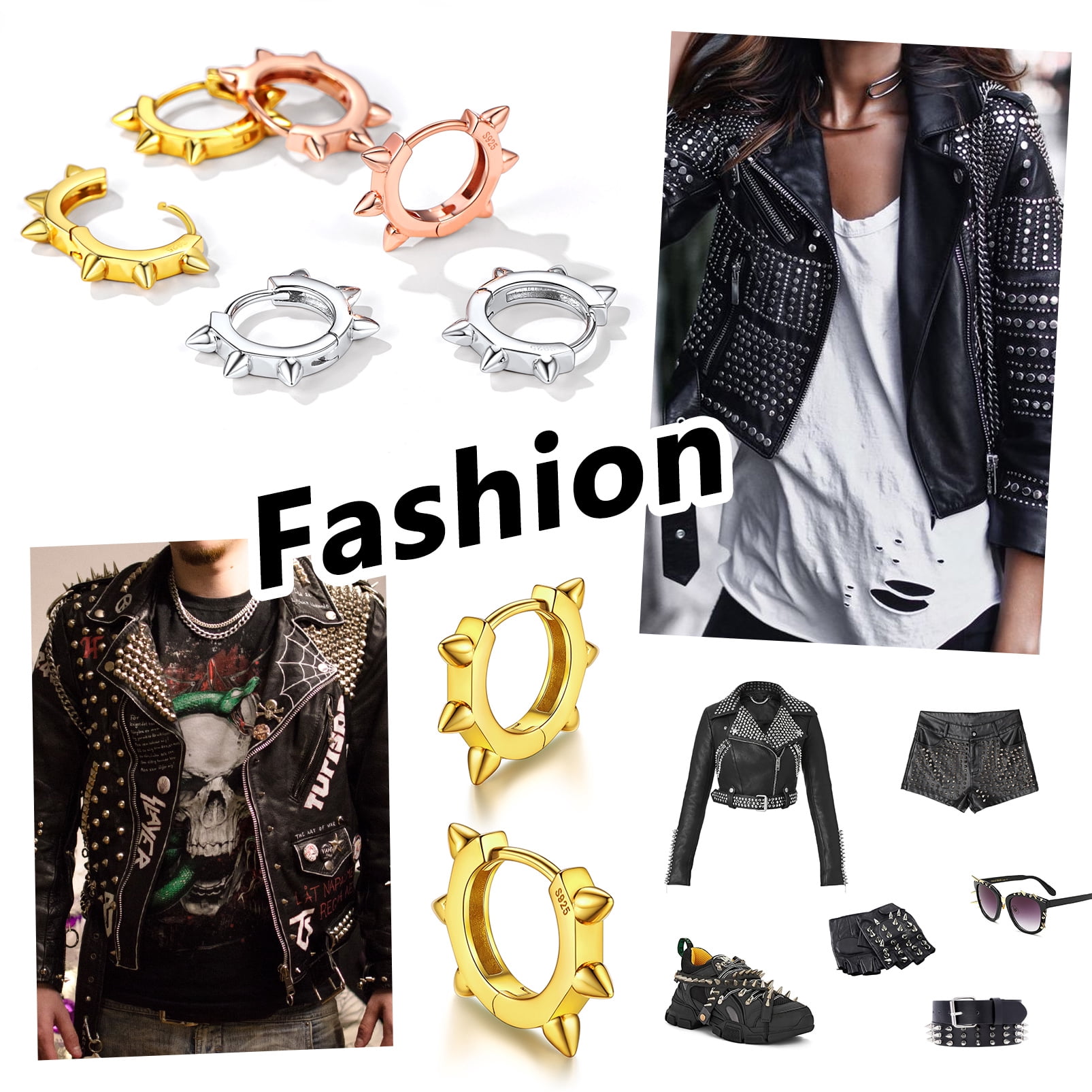 Silvora Gold Plated Small Huggie Hoop Earrings for Women Men Rivet Sterling Silver Punk Gothic Ear Hoops