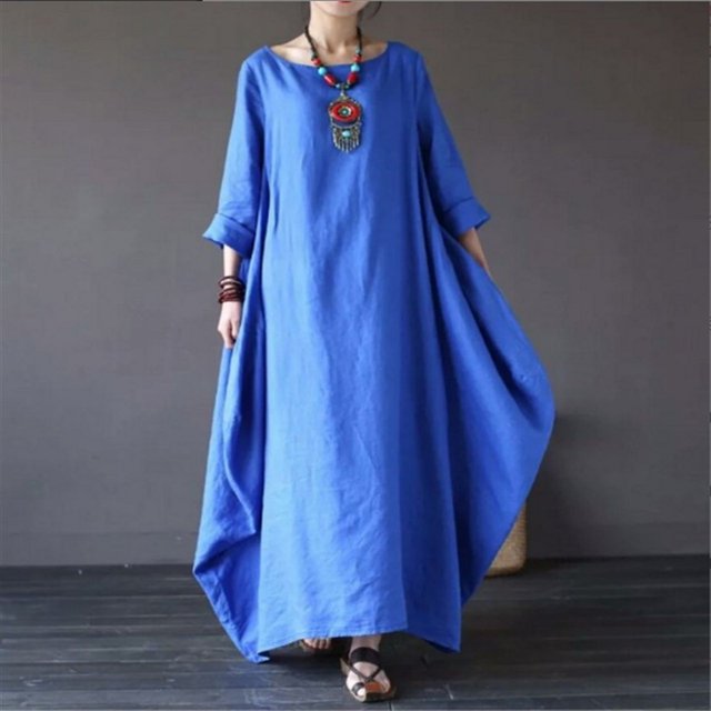 JUNWELL Printemps Nouvelle Taille Ample Col Rond Manches Longues en Coton Swing et Lin Robe Longue