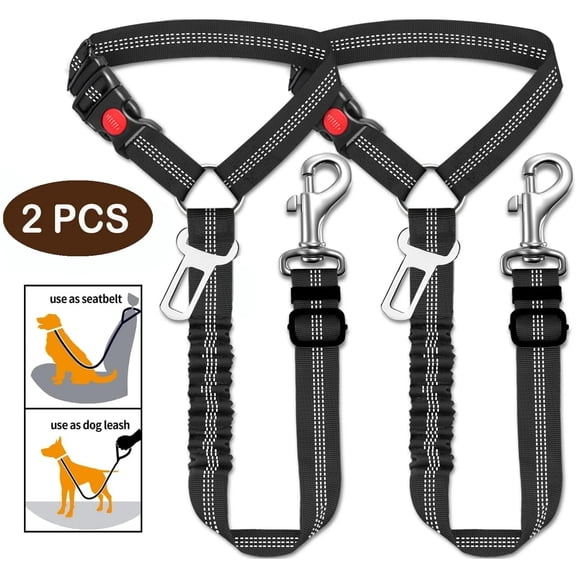 2 Pcs Dog Seat Belt for Car, 3-in-1 Dog Car Harness with Adjustable Metal Buckle and Elastic Bungee Leash for All Lifestages Doggy