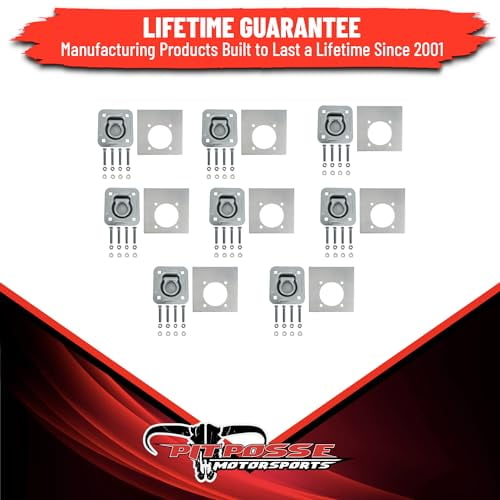 Pit Posse 11005K-8WH Cargo Trailer Recessed Pan D Ring Floor Rope  Tie Down 6,000lbs Breaking Strength - Flush Mount - Includes Washers and Mounting Hardware - Truck Bed SUV Van (8 Pack/Silver)