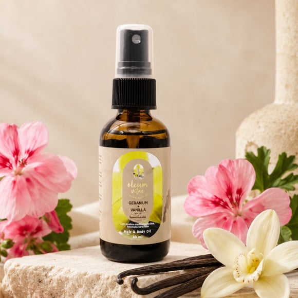 Aceite Para Cabello y Cuerpo Con Aceite Esencial De Geranio Vainilla 60ml
