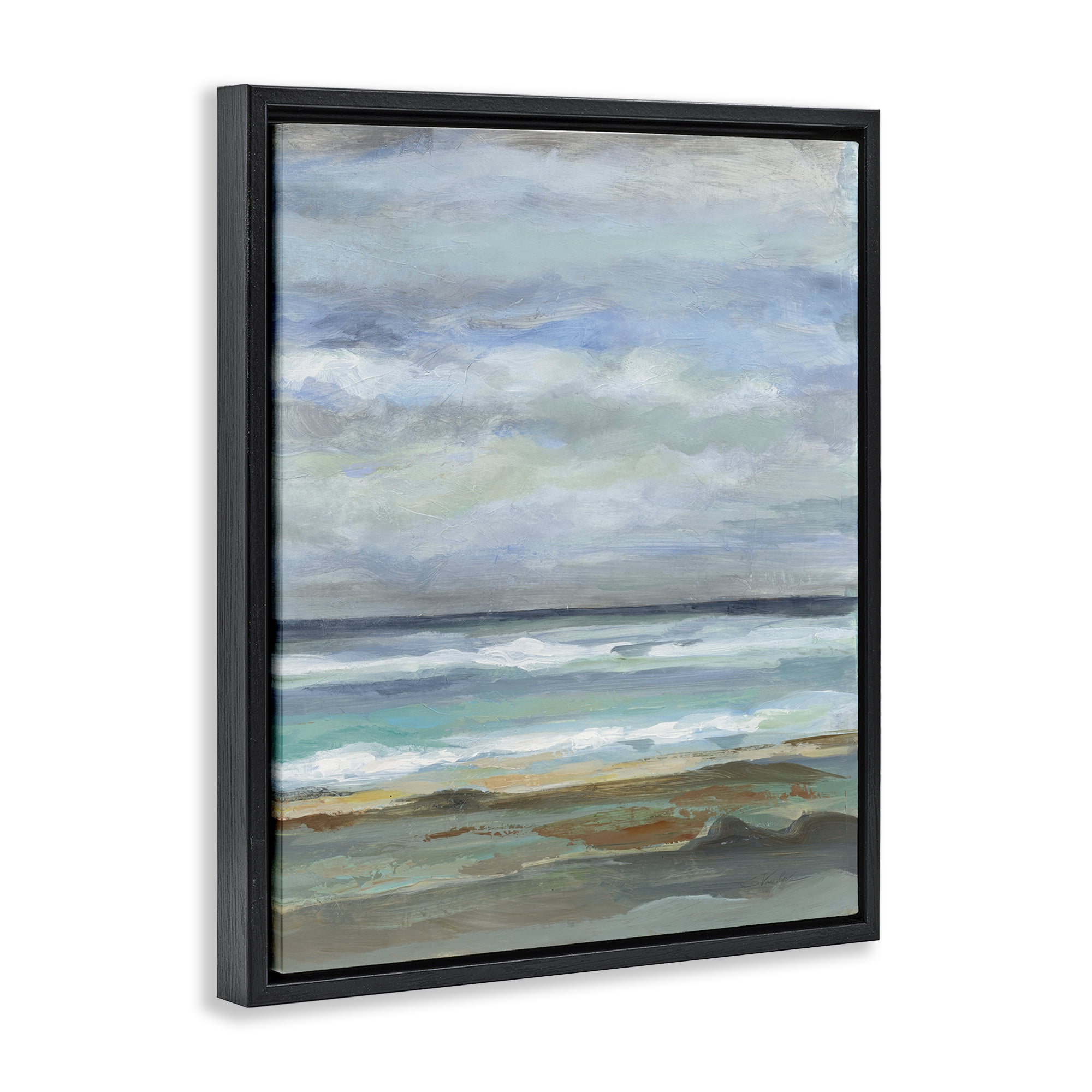 Stupell Industries Traditional Cloudy Seashore Nautical & Beach Painting Black Floater Framed Canvas Art Print Wall Art, 17 x 21
