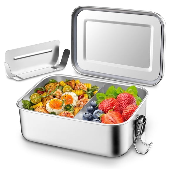 Walchoice Bento Box, 47oz Stainless Steel Lunch Box Container with Lids & 2 Removable Dividers, Reusable Metal Meal Storage for Work Office Travel, Leak-Proof & Dishwasher Safe