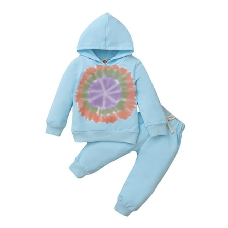 

Honeeladyy Infant Baby Girls Long Sleeve Rainbow Tie-Dyed Print Tops+Pants Solid Outfits Light blue