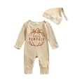 thumbnail image 3 of CUZIBR Boys Halloween Outfits Pumpkin Letter Print Baby Ribbed Three Piece Outfit Crewneck Long Sleeve Bodysuit Pants Knit Hat For Toddler Kids,a-Beige,6-12 Months, 3 of 5