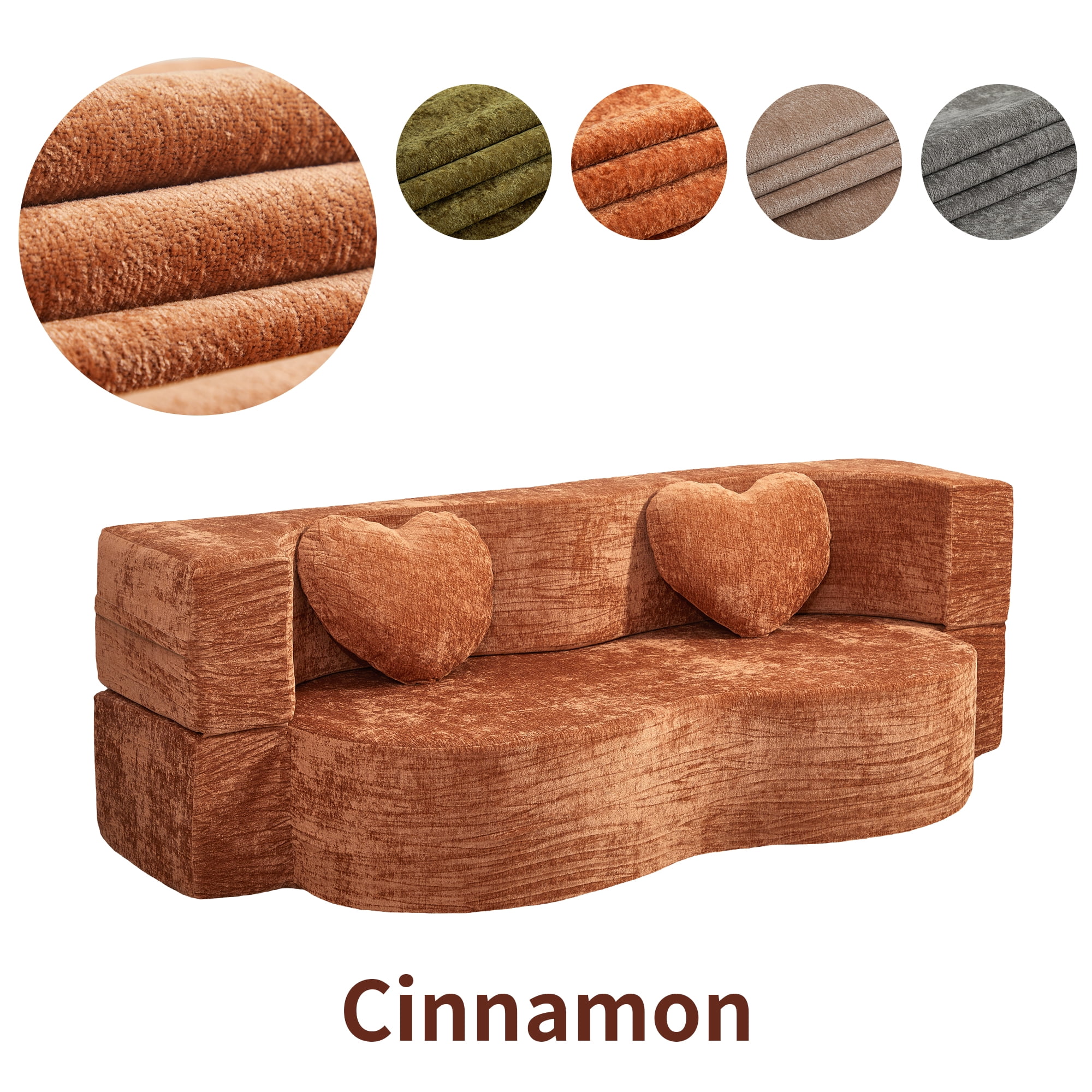 78.74"W Heart-Shaped Convertible Sofa,Floor Couch,Sleeper Sofa Bed,No Assembly High-Density Sponge Loveseat with 2 Heart Pillows for Living Room, Apartment,Burnt Orange