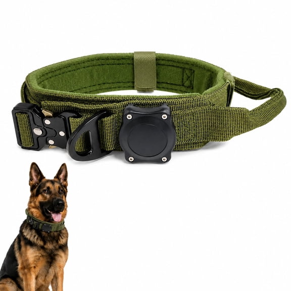 2025 Upgrade Waterproof AirTag Dog Collar, Military Tactical Dog Collar with AirTag Holder, Comfortable Control Handle and Metal Buckle, GPS Dog Collar Holder for Medium to Large Dogs (Khaki,L)
