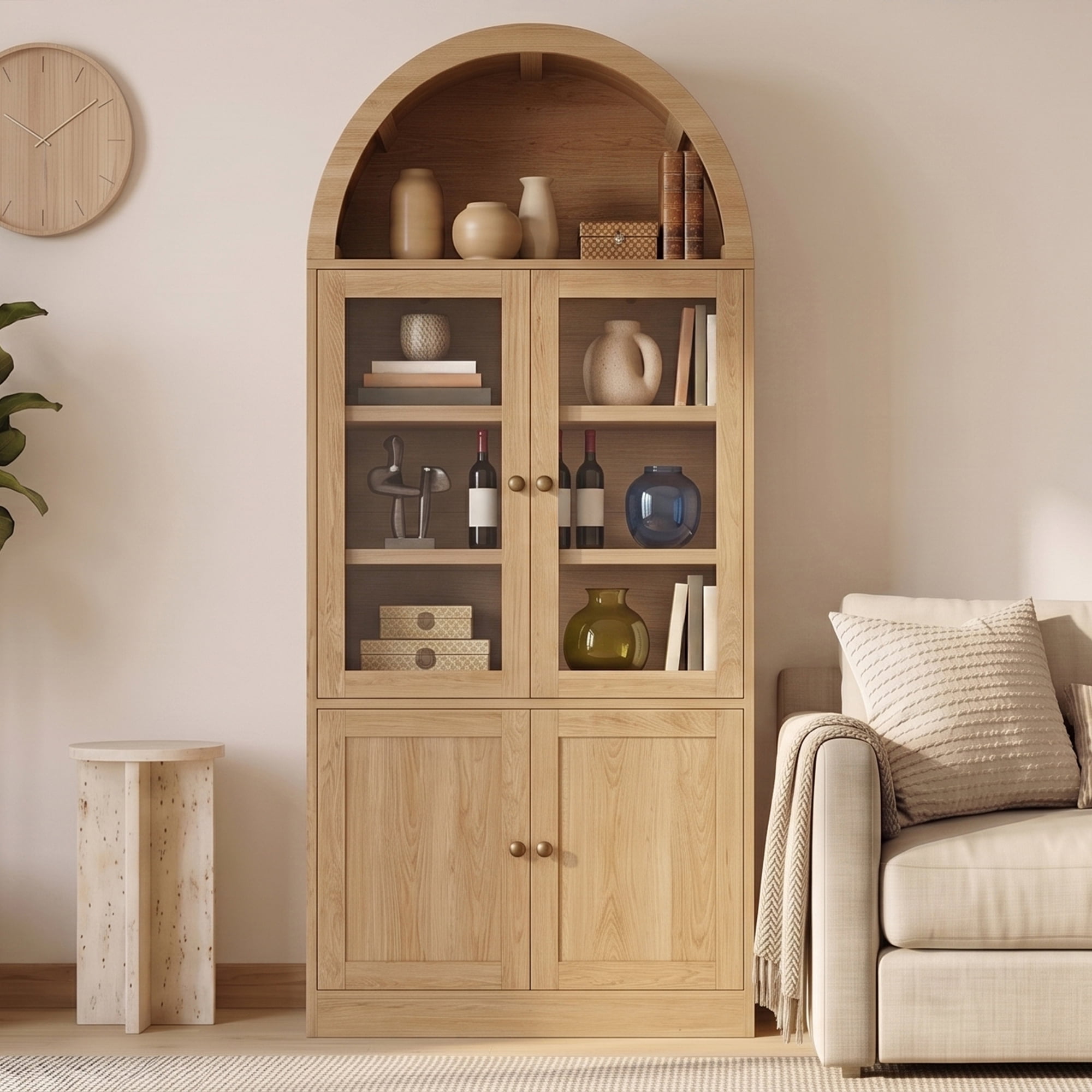 Mintazer Arched Top Tall Storage Cabinet, Display Bookcase with Glass Doors & 5-Tier Shelves, Farmhouse Freestanding Hutch for Living Room Dining Room Study, Natural