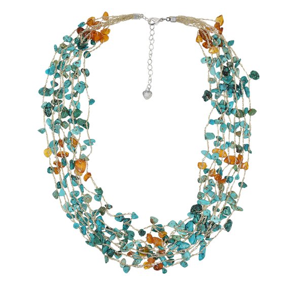Silver Thread Amber and Turquoise Multistrand Necklace