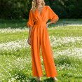 thumbnail image 7 of MLCDZ Women's Summer V Neck Half Sleeve Lightweight Breathable Rompers Tighten The Waist Wide Leg Loose Vacation Long Jumpsuit With Pockets, 7 of 7