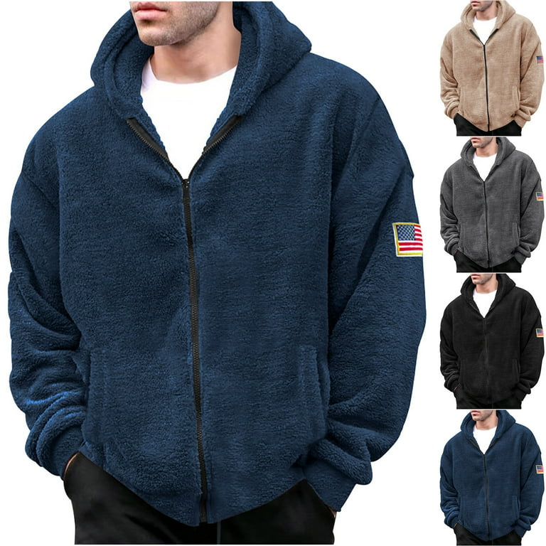 Lovskoo Mens Fuzzy Fleece Warm Jacket Hooded Pullover Elastic Solid Color Flag Pattern Fluffy Coat with Pocket Gray Walmart