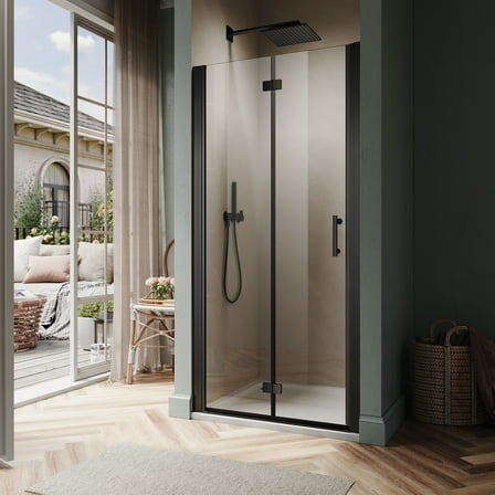 Sunny Shower Matte Black Bifold Pivot Swing Frameless Shower Door 32 in.W x 72 in.H