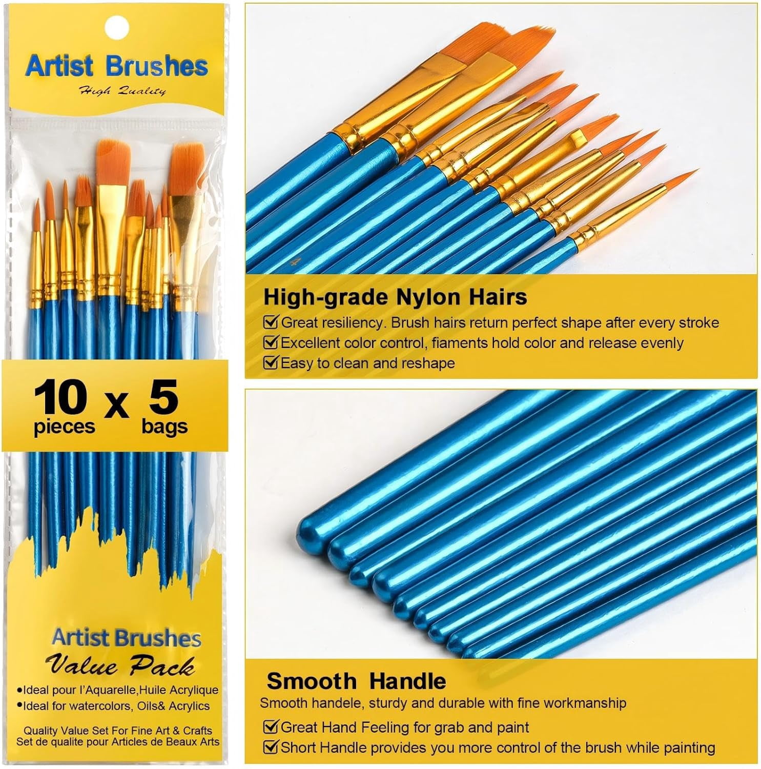 JJEAN-Acrylic Paint Brushes Set, 50Pcs Round Pointed Tip Artist Paintbrushes for Acrylic Painting Oil Watercolor Canvas Boards Rock Body Face Nail Art, Halloween Pumpkin Ceramic Crafts SuppliesBlue