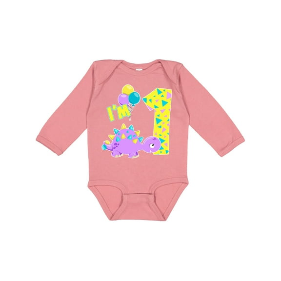 Inktastic Happy Dinosaur First Birthday-purple Boys or Girls Long Sleeve Baby Bodysuit