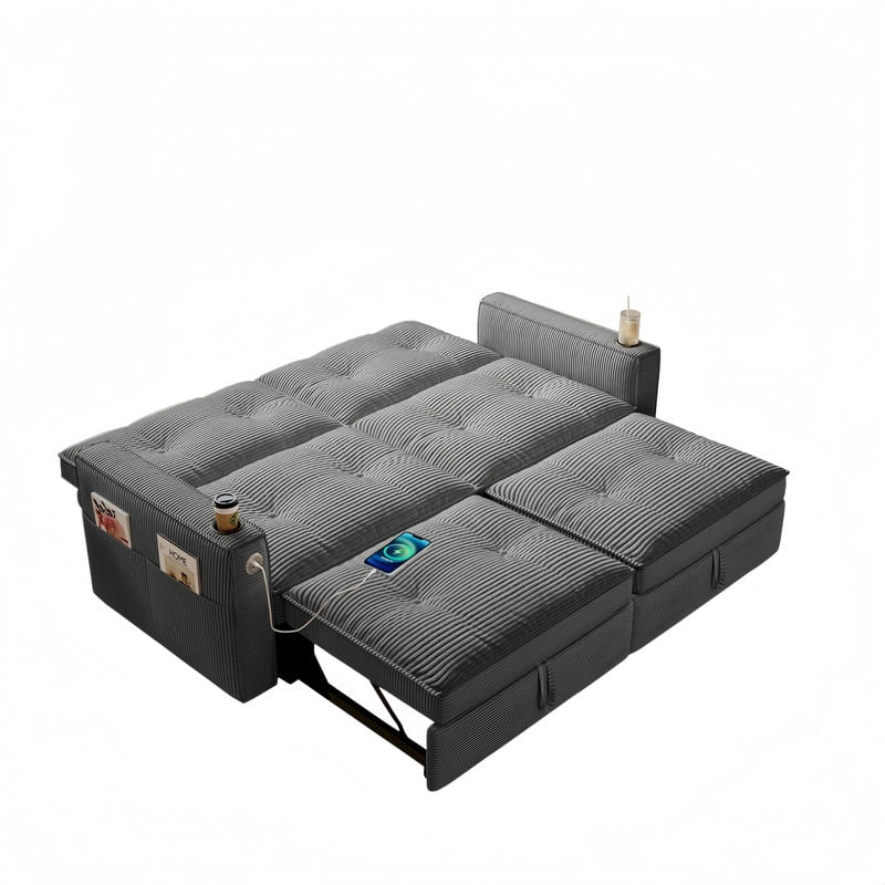 72.6" Convertible Sofa Bed, 2-in-1 Sleeper Sofa with USB Charging Ports & Side Pockets, Modern Corduroy Upholstered Sofa Couch with Steel Frame for Living Room, Bedroom, Apartment