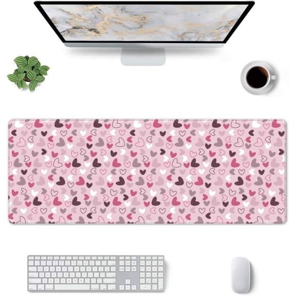 Hearts Pink Valentines Day Gaming Mouse Pad Large Mouse Pad (31.5x11.8 Inch) Non-Slip Rubber Base Large Desk Mat Desk Protector for Home Office Gaming Work