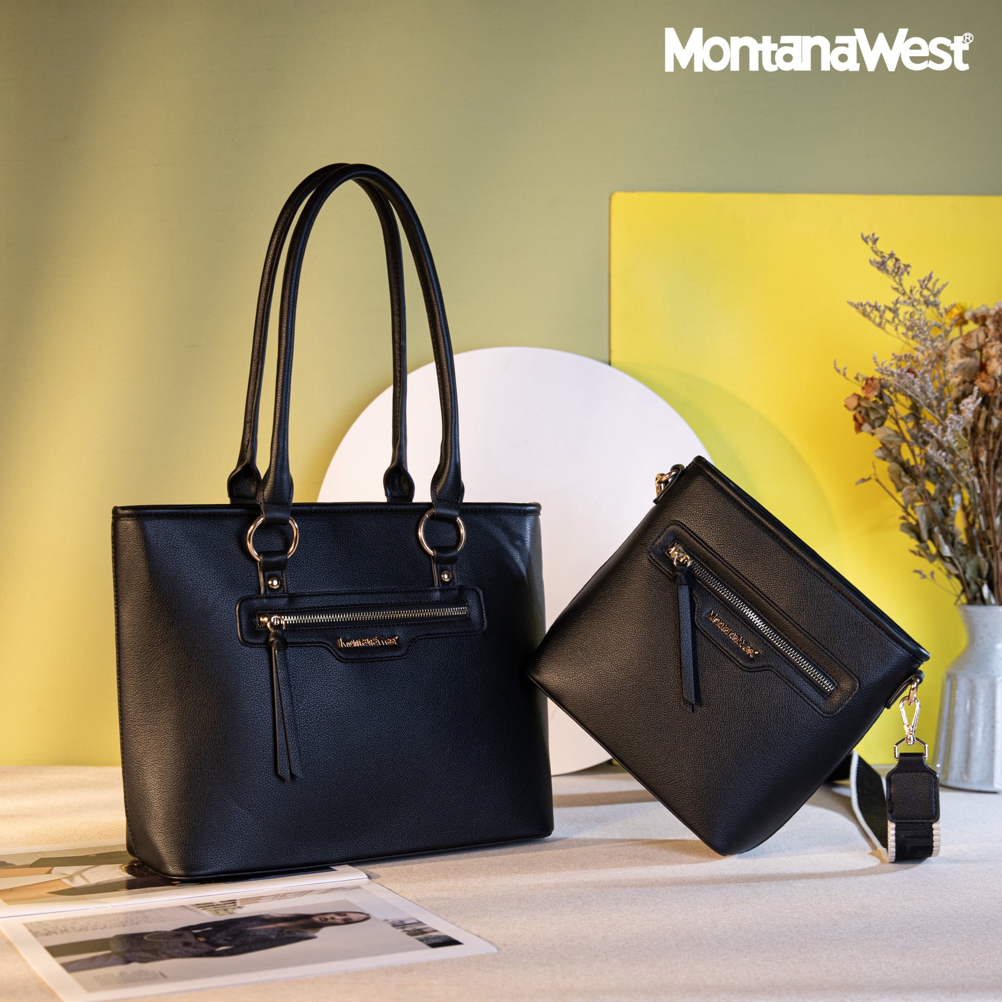 Montana West 2Pcs Handbags Set for Women Large Tote Bags Purse with Cute Crossbody bags, Black