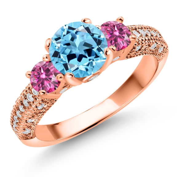 Gem Stone King 18K Rose Gold Plated Silver Swiss Blue Topaz Pink Moissanite and White Moissanite Engagement Ring for Women (2.19 Cttw, Gemstone November Birthstone, Round 7MM and 4MM, Size 7)