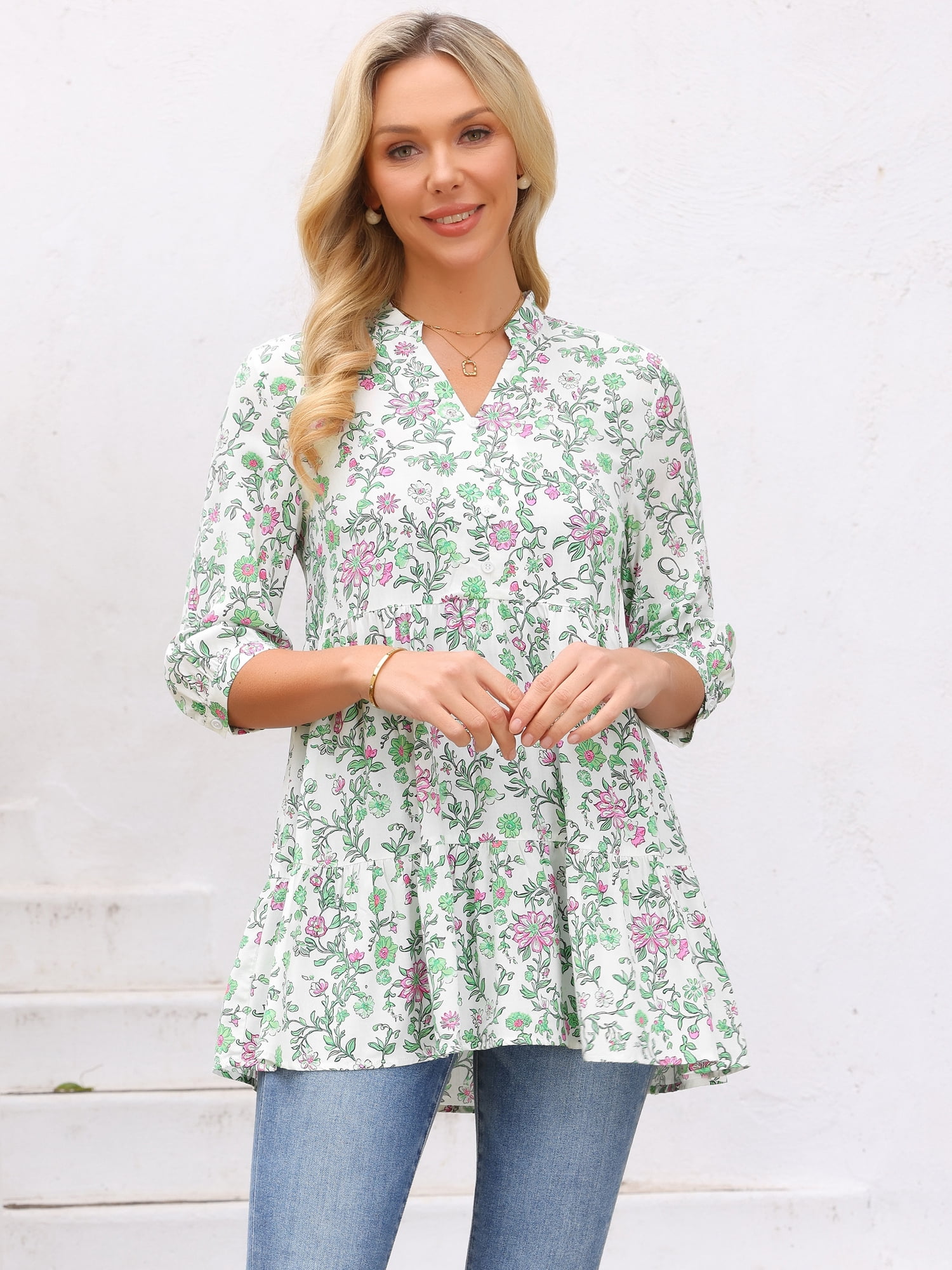 DARING DIVA Women's Floral Notch V Neck 3/4 Sleeve Babydoll Ruffle Tunic Blouse XL White