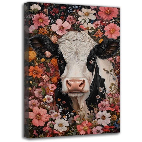 Funny Cow Surrounded by Flowers Canvas Wall Art Print - Creative Framed Animals Painting for Farmhouse, Wall Decor For Living Room Bedroom Office Ideal Gifts For Friends Artwork (8W X 12L)