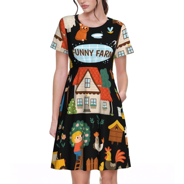 Bixox Robe d'Été à Manches Courtes pour Femmes Robe Ample Longueur Genou avec Poches-Fermiers Amusants