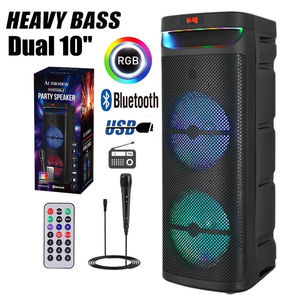 Lohoms Dual 10" Portable Wireless Bluetooth Party Speaker Heavy Bass Sound System Subwoofer w/ Mic