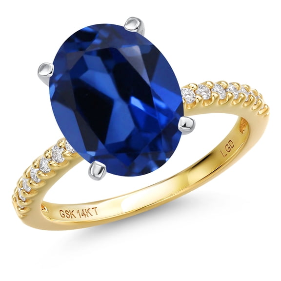Gem Stone King 14K Two Tone Gold Blue Created Sapphire and Lab Grown Diamond Engagement Ring for Women | 6.16 Cttw | Oval 12X10MM | Gemstone September Birthstone | Size 7
