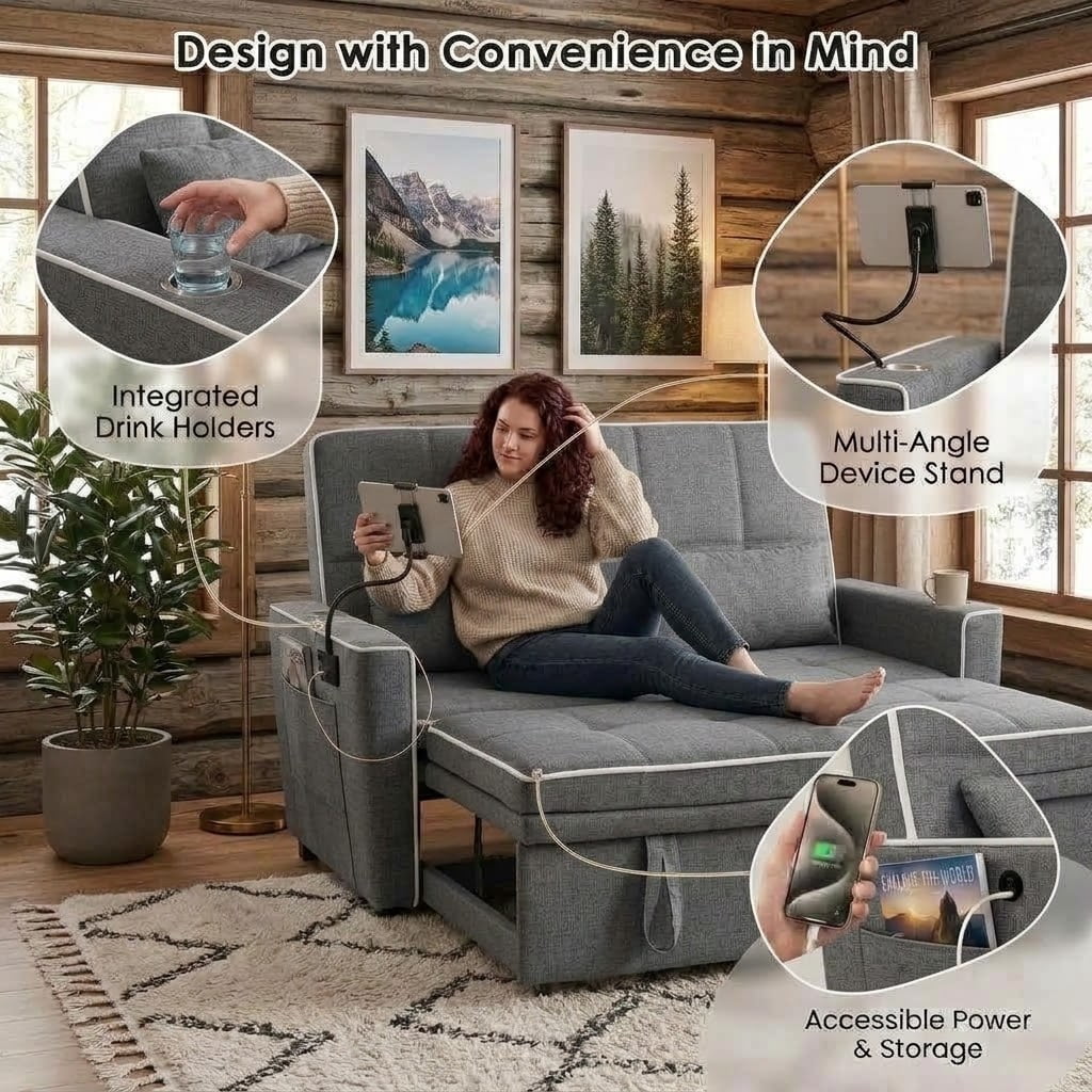 Howcool 54" Convertible Sleeper Sofa Bed, Pull Out Loveseat Couch with USB Port, Phone Holder & Cup Holder, Adjustable Backrest, Velvet Sofa for Living Room, Apartment, Dark Grey