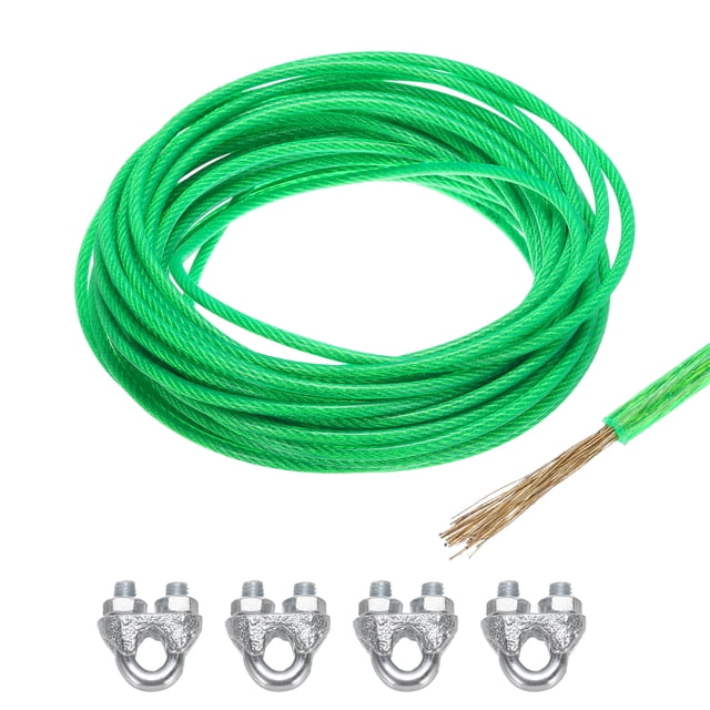 Uxcell 3/16 Green Vinyl Coated Wire Rope 49ft Galvanized Steel with 4PCS M6 Loop Sleeves