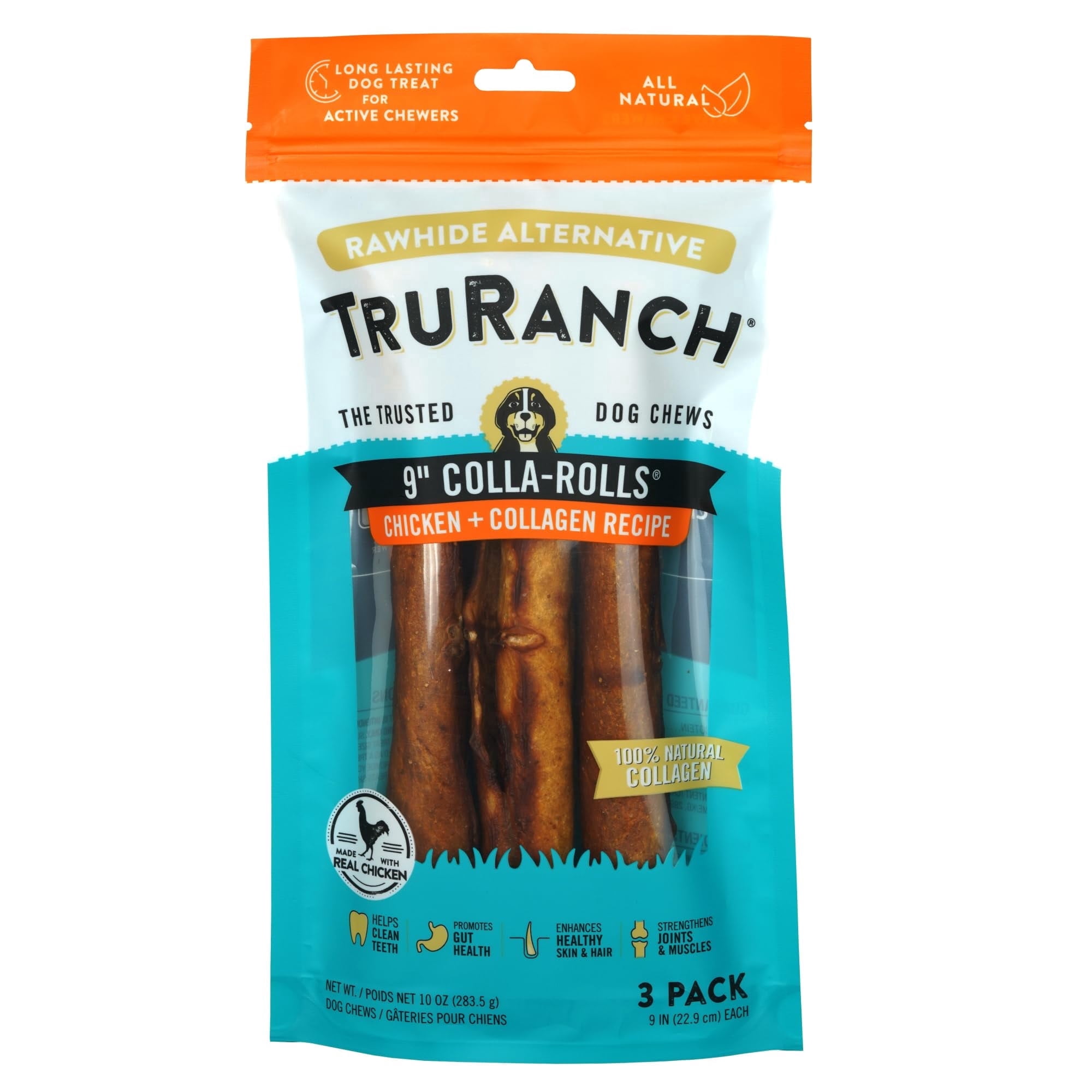 (2 pack) TRURANCH Collagen Rolls - 9" Collagen Rolls for Dogs - Long Lasting Healthy Joint Support Dog Treat - Rawhide Alternative - Skin & Coat Health - Made with Real Chicken, 1 Bag, 3 Count