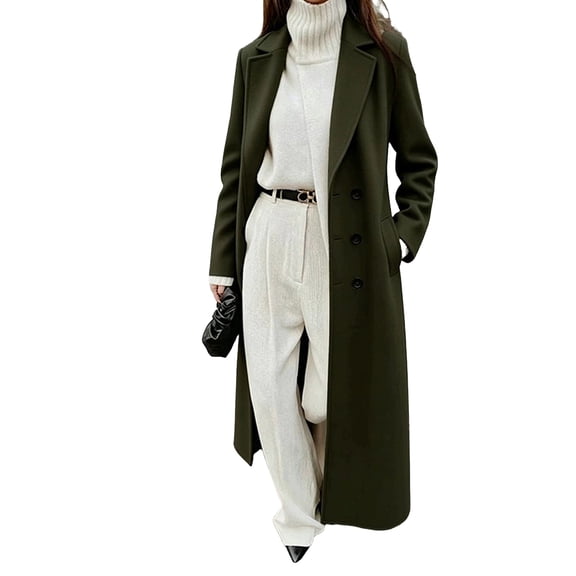 Rexolia Women's Wool Blend Coat Long Sleeve Notch Lapel Long Trench Fall Winter Office Army Green Women